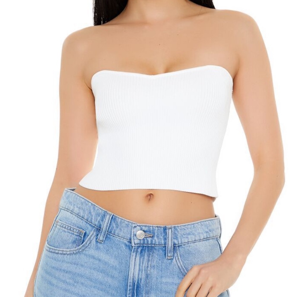 White Strapless Ribbed Women's Top